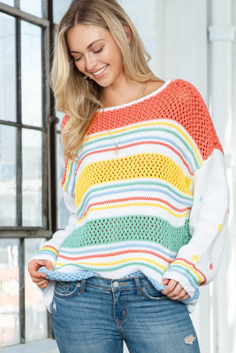 Multicolor Knitted Pullover Long Sleeve Cute Sweater