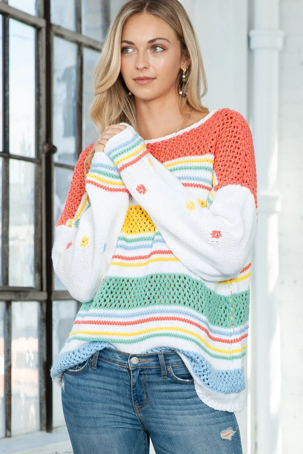 Multicolor Knitted Pullover Long Sleeve Cute Sweater