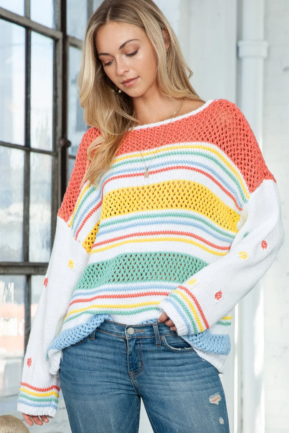 Multicolor Knitted Pullover Long Sleeve Cute Sweater