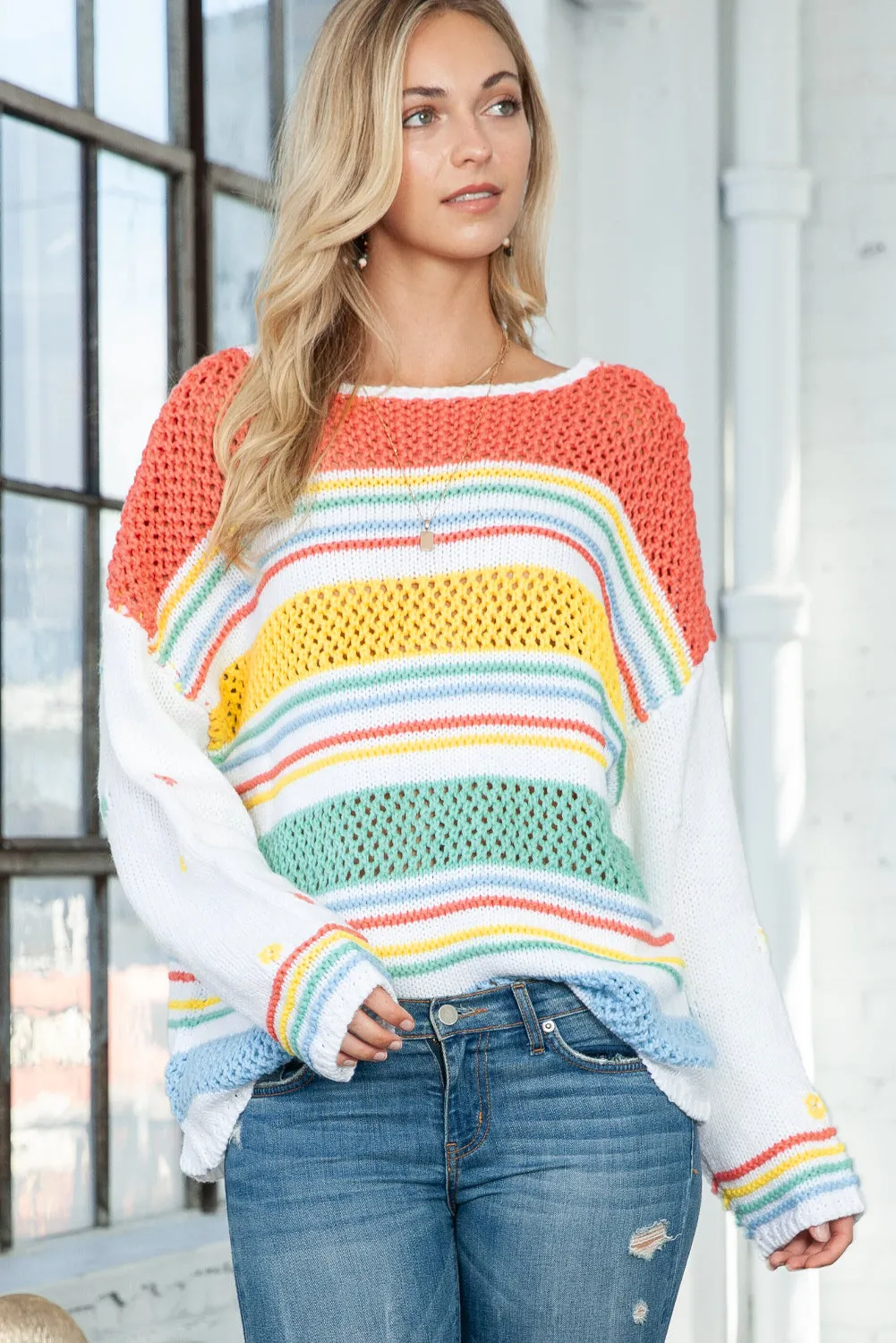 Multicolor Knitted Pullover Long Sleeve Cute Sweater