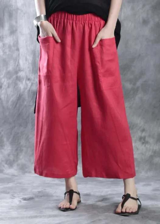 new white red linen women casual crop pants