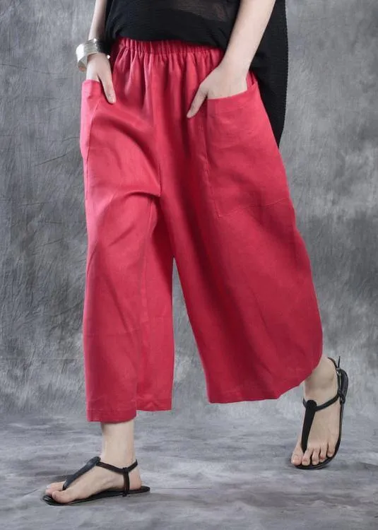 new white red linen women casual crop pants