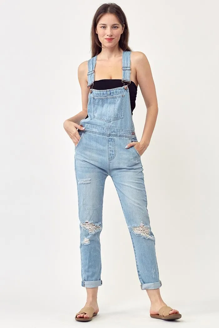 Non-Stretch Relaxed Fit Distressed Overalls