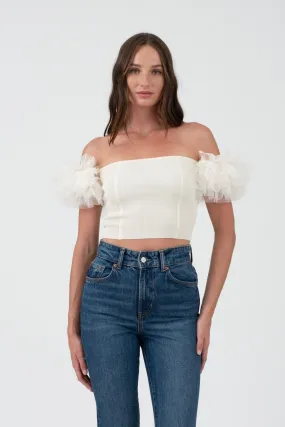 OFF THE SHOULDER TULLE SLEEVE KNIT CROP TOP