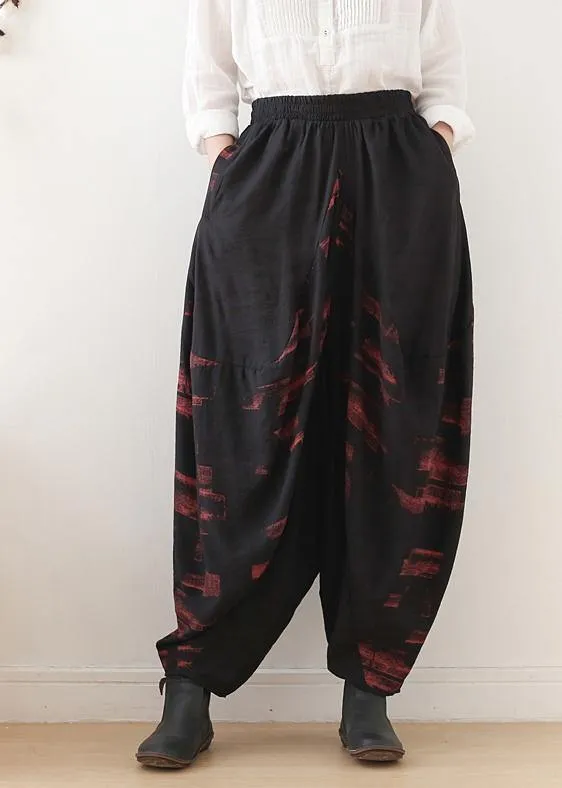 Pants red printed wide leg autumn cotton and linen literary linen harem pants