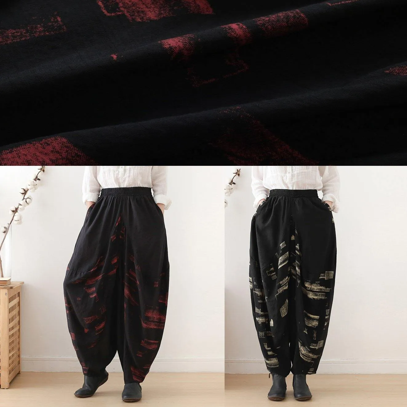 Pants red printed wide leg autumn cotton and linen literary linen harem pants