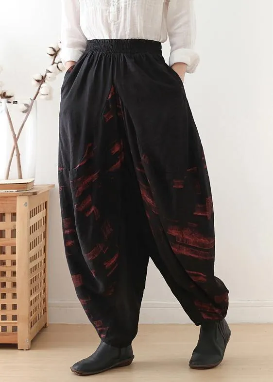 Pants red printed wide leg autumn cotton and linen literary linen harem pants