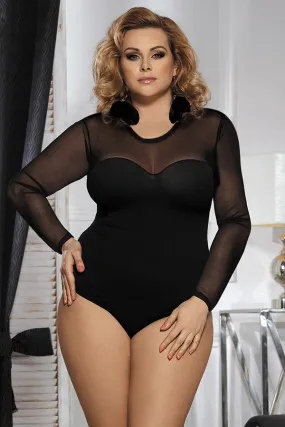 Plus Black Long Sleeve Mesh Bodysuit