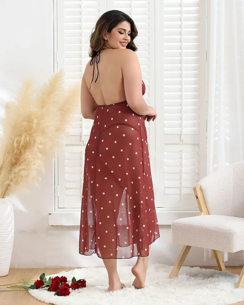 Plus Size Bow Tie Polka Dot Long Dress