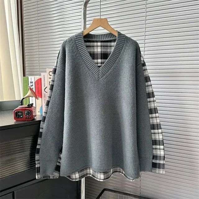 Pre Order:  Plaid Patchwork Loose Knit Sweater