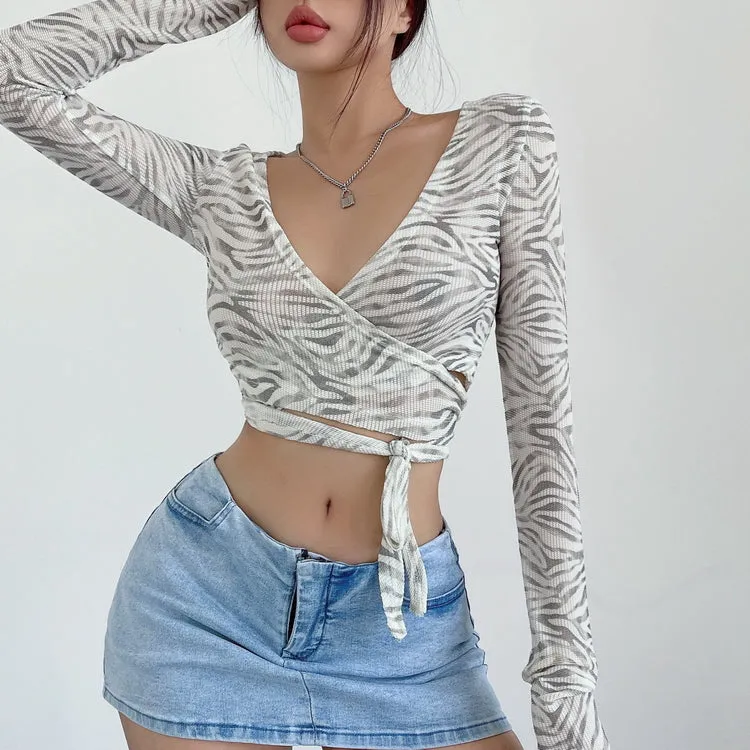 Quin Striped Deep V-Neck Cross Lace Up Front Tie Long Sleeve Slim Cropped Top