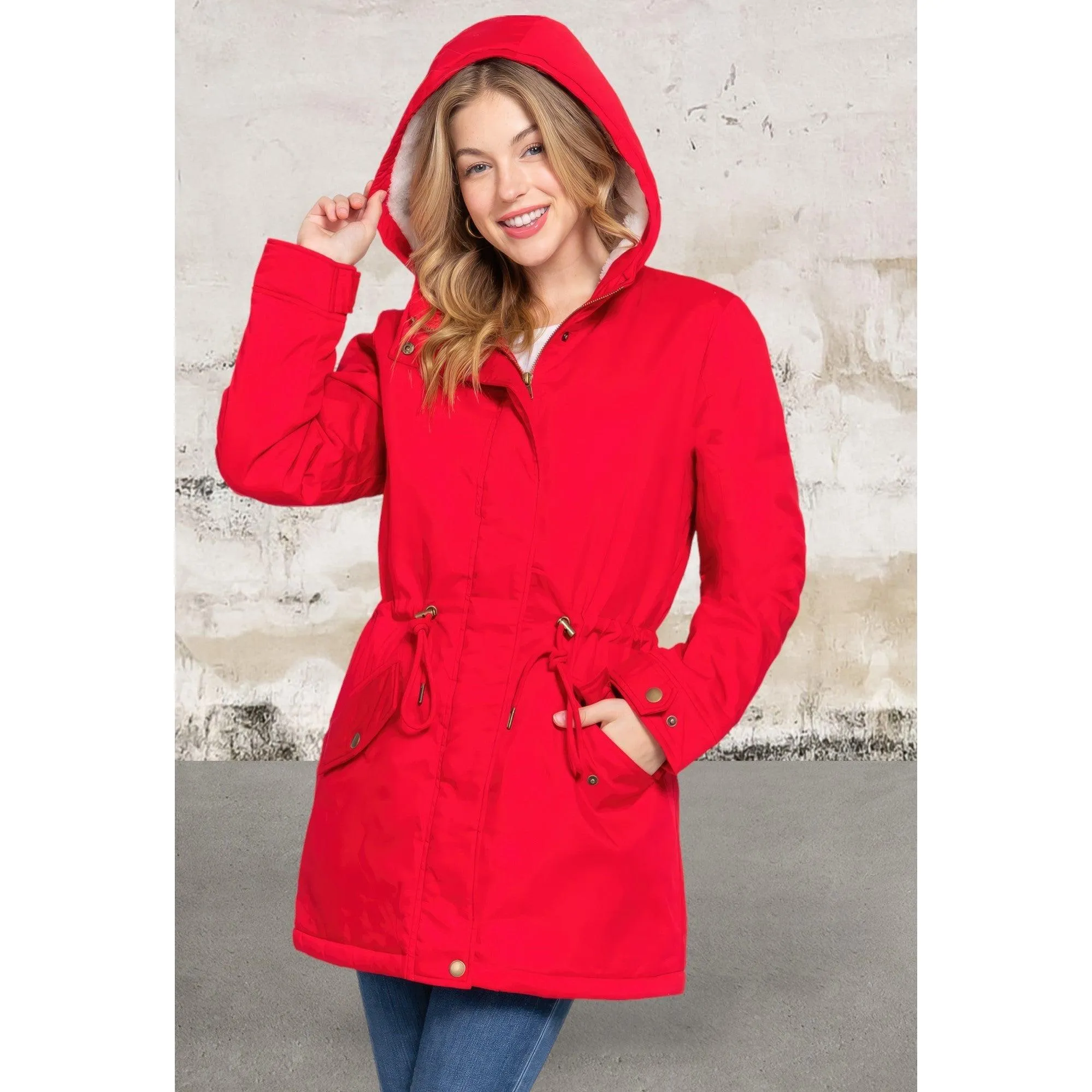 Red Fleece Lined Fur Hoodie  Jacket