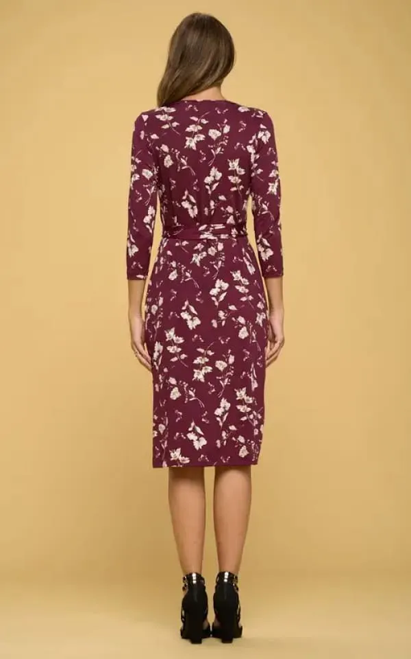 Renee C - Floral V-Neck Wrap Dress in Burgundy Print