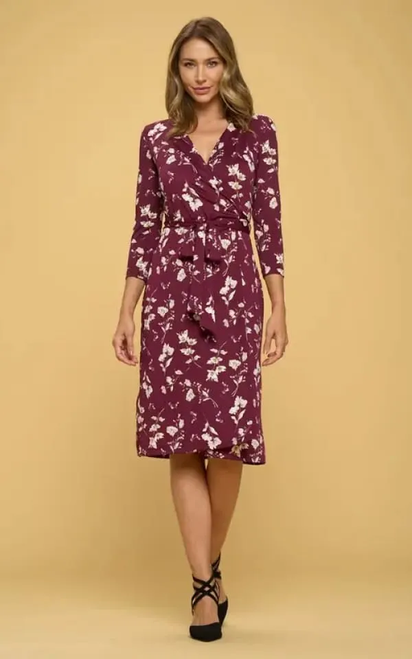 Renee C - Floral V-Neck Wrap Dress in Burgundy Print