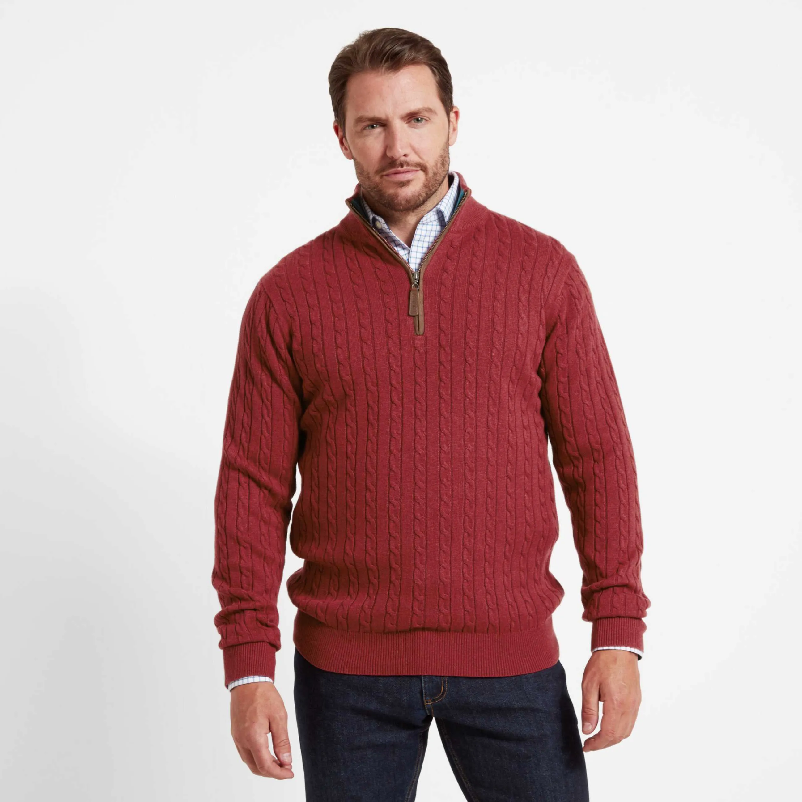 Schoffel Mens Cotton/Cashmere Cable Knit 1/4 Zip Jumper