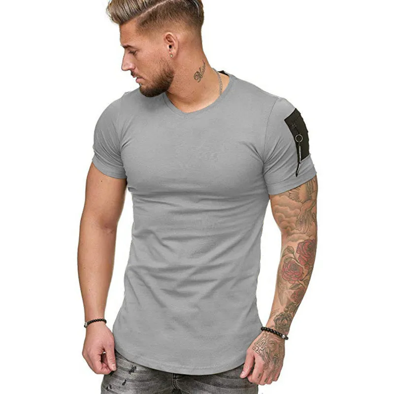 SHOULDER POCKET PATCHWORK MEN'S CASUAL SPORTS T-SHIRT