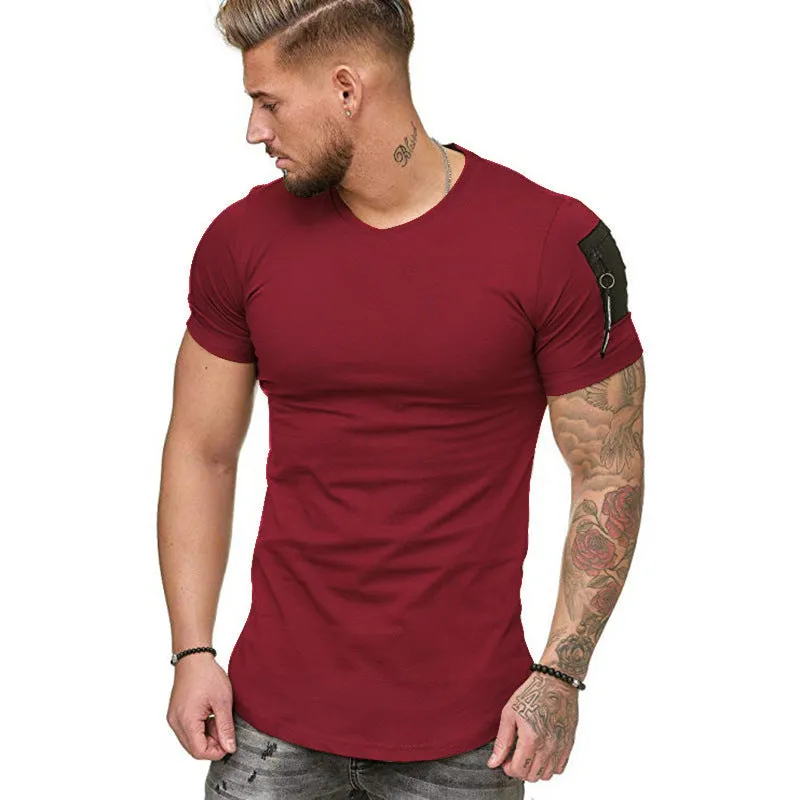 SHOULDER POCKET PATCHWORK MEN'S CASUAL SPORTS T-SHIRT