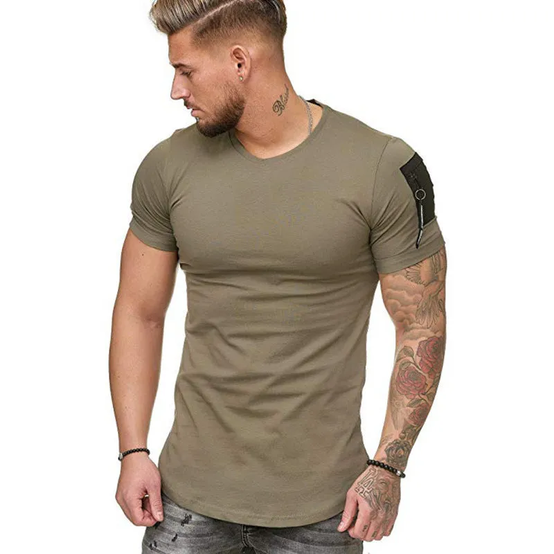 SHOULDER POCKET PATCHWORK MEN'S CASUAL SPORTS T-SHIRT