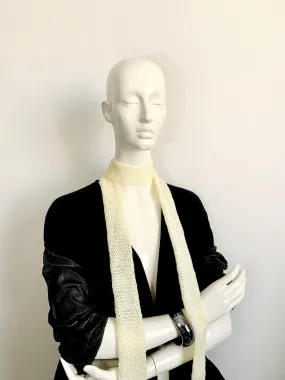 Skinny Scarf Metallic Off White Skinny Knit Scarf, Neutral Iridescent Ivory Long Scarf Tie, Delicate Pearly Double Leyer Thin Tube Scarf