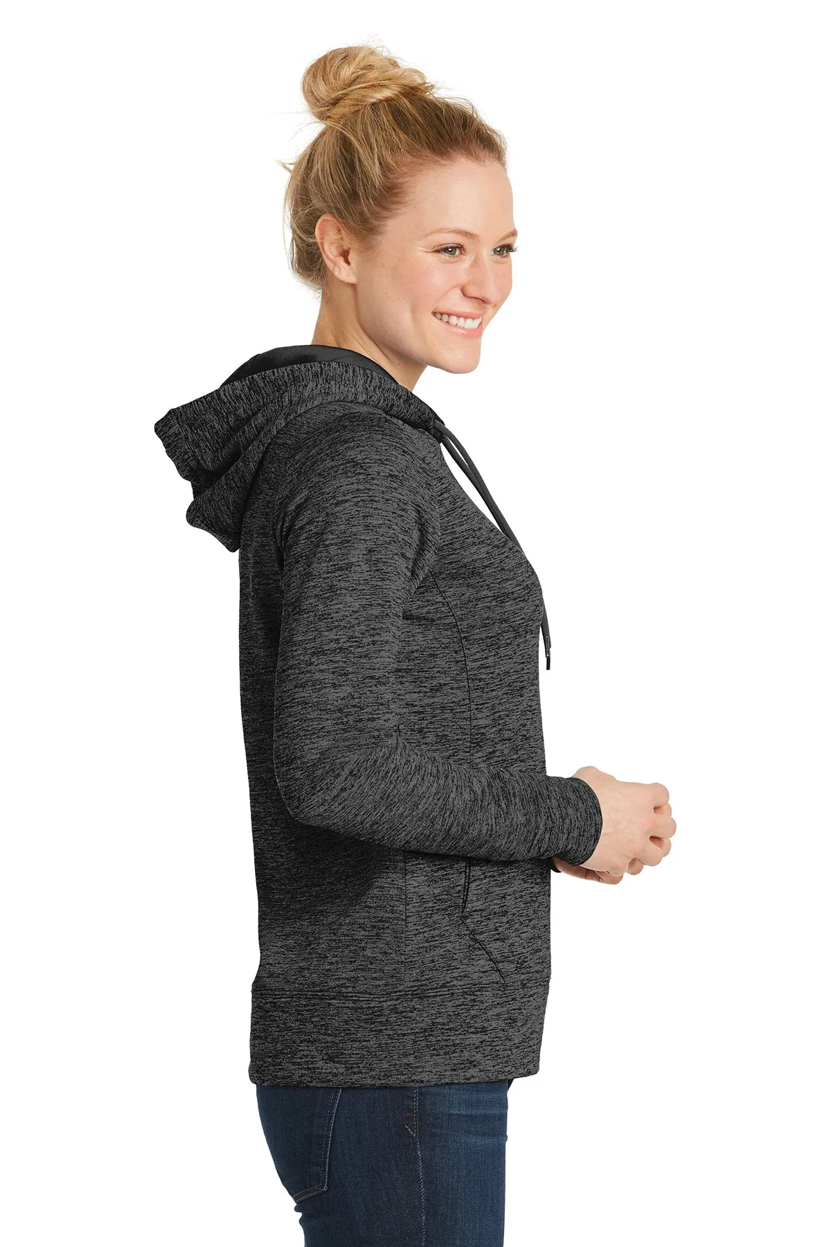 Sport-Tek Ladies PosiCharge Electric Heather Custom Fleece Hooded Pullovers, Grey- Black Electric