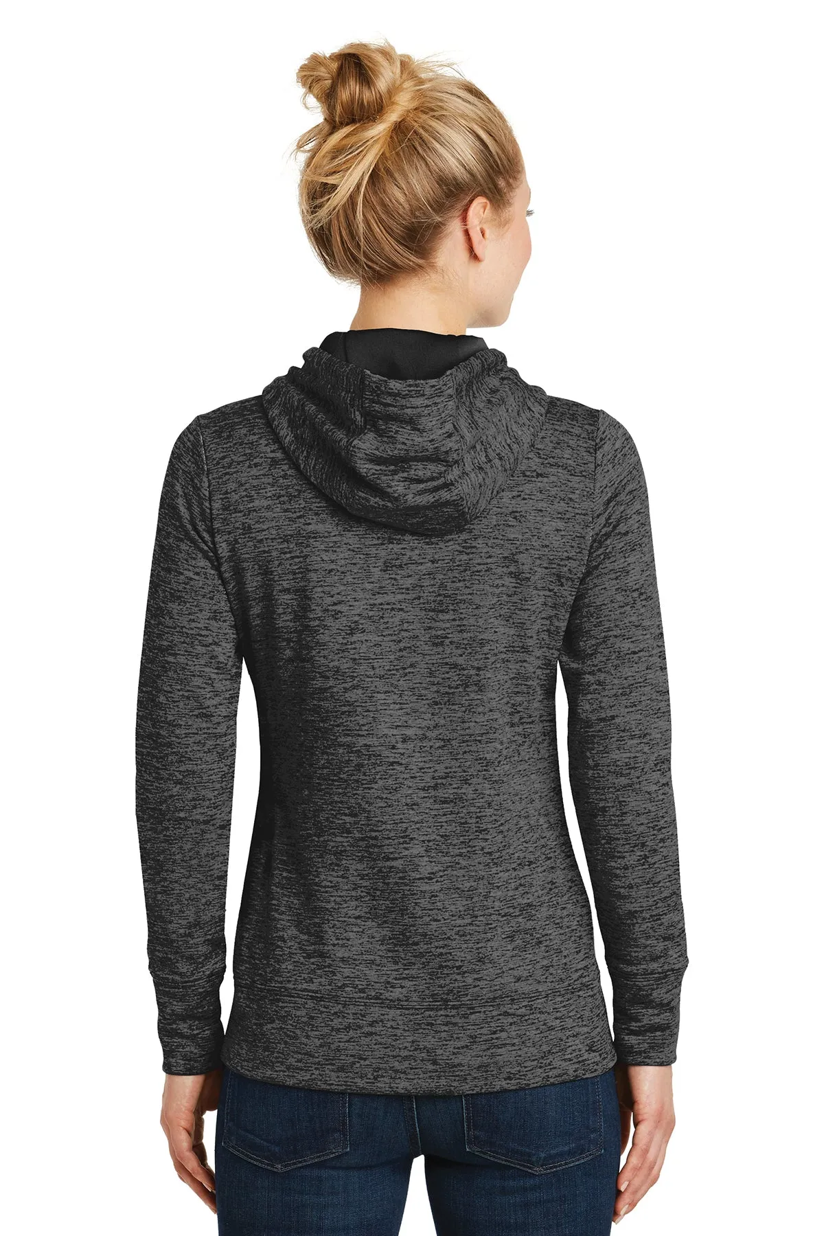 Sport-Tek Ladies PosiCharge Electric Heather Custom Fleece Hooded Pullovers, Grey- Black Electric