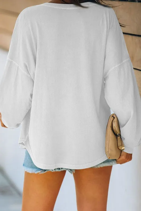 Stacy Buttoned V Neck Cotton Loose Fit Top