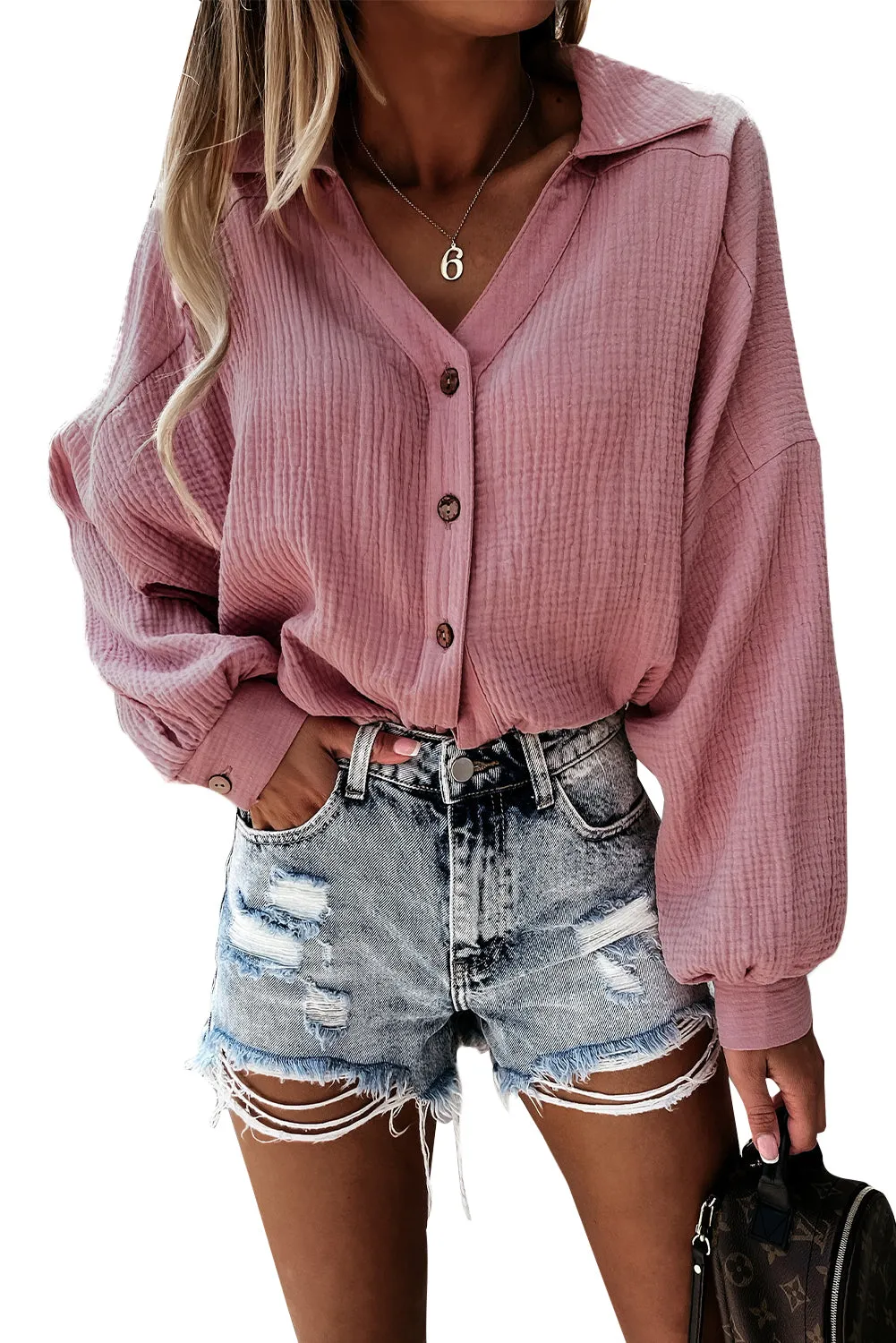 Stand Collar Button Down Crinkled Shirt