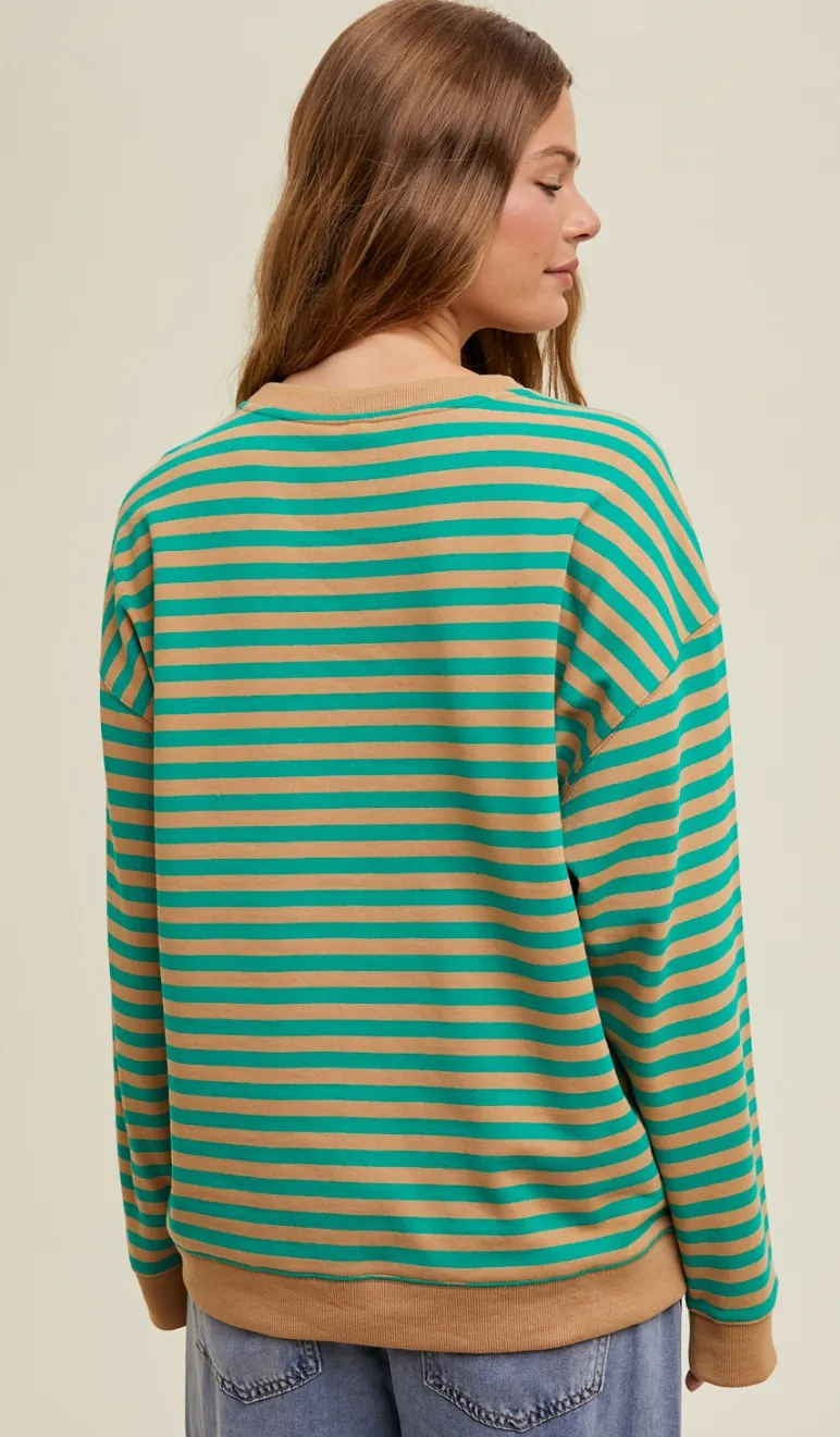 Striped Oversize Crewneck Taupe/Green