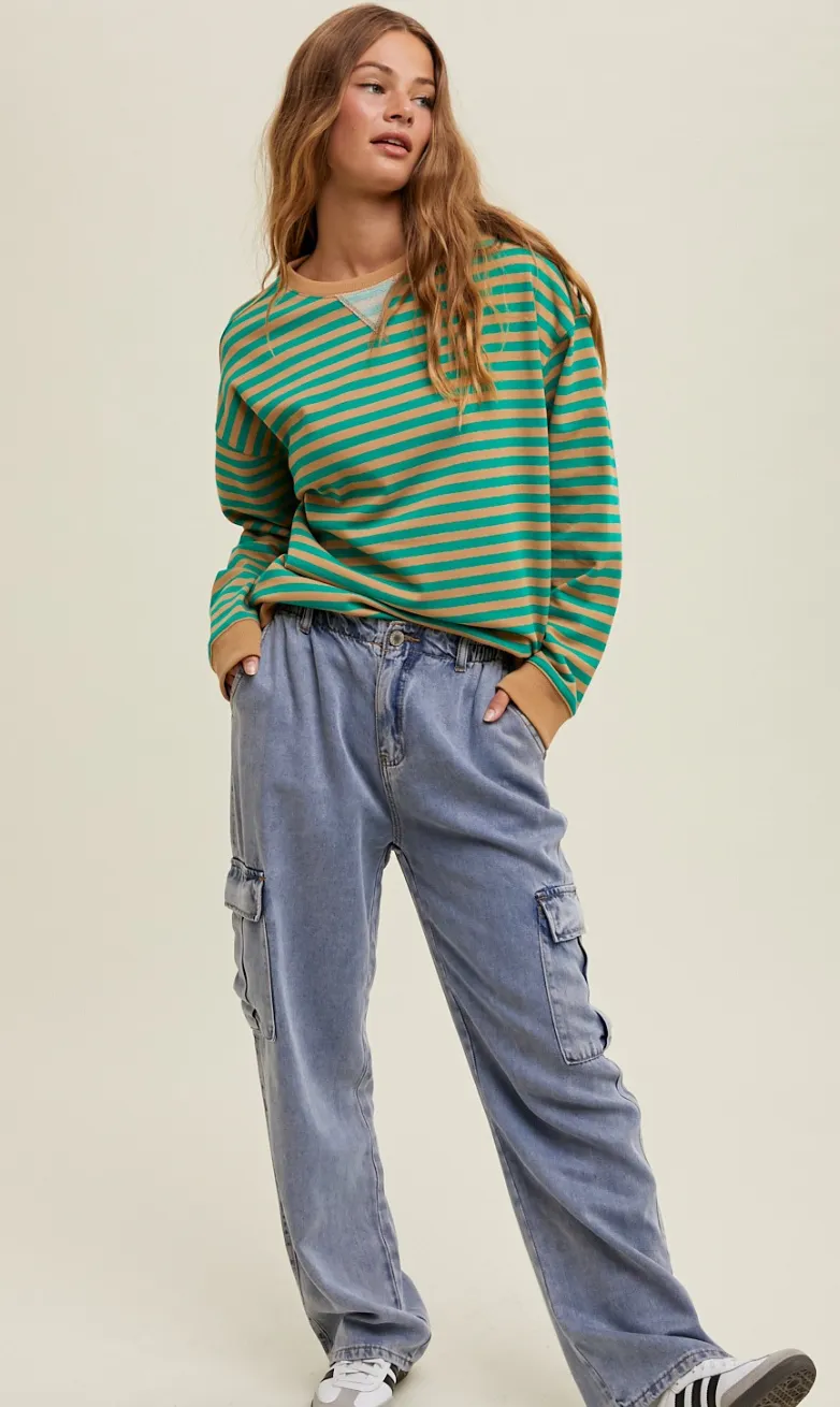 Striped Oversize Crewneck Taupe/Green