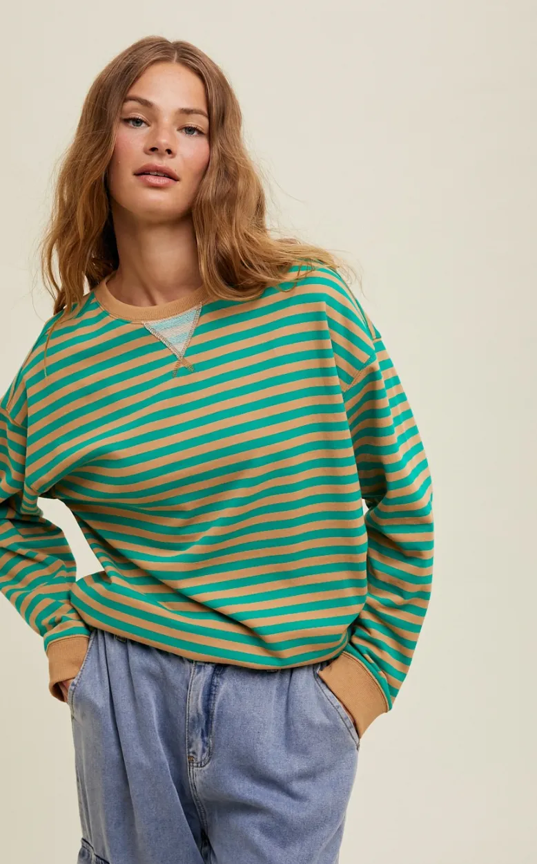 Striped Oversize Crewneck Taupe/Green