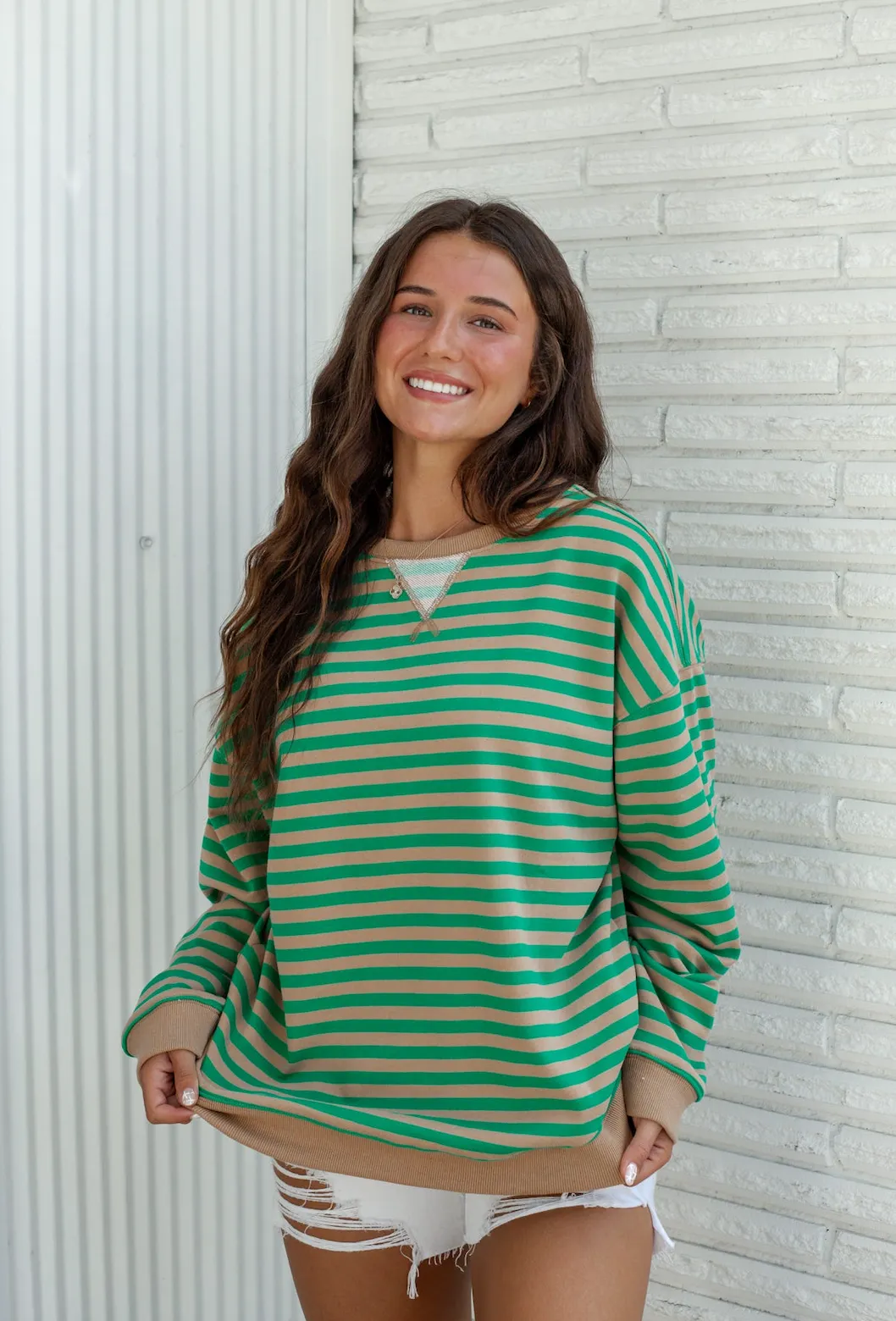 Striped Oversize Crewneck Taupe/Green