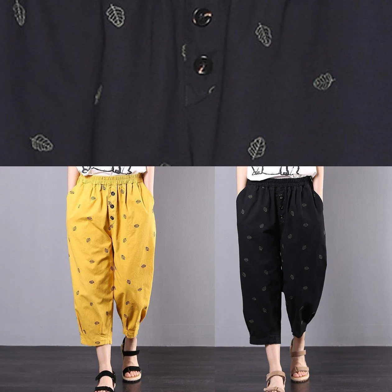 summer new black vintage leaf embroidery seven points elastic waist casual pants