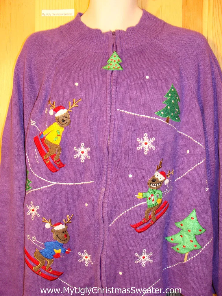 Tacky Cheap Ugly Christmas Sweater Purple with Skiing Bears (f535)