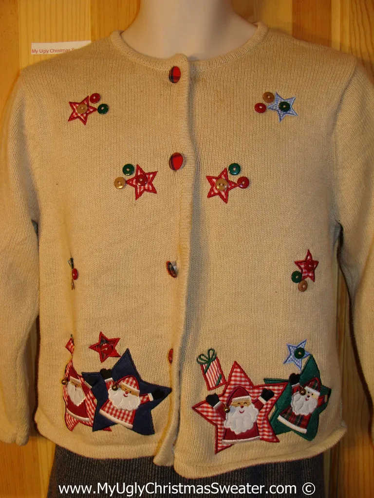 Tacky Christmas Sweater Party Crafty Plaid Themed Ugly Sweater with Stars and Santa (f890)