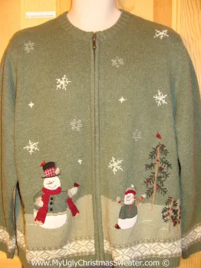 Tacky Green Christmas Sweater with Snowy Festive Snowmen  (f1304)