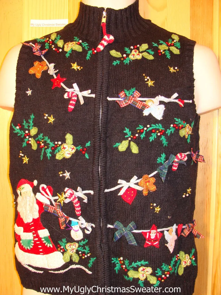 Tacky Ugly Christmas Sweater Vest 2sided Santa with 3D Bows(f344)