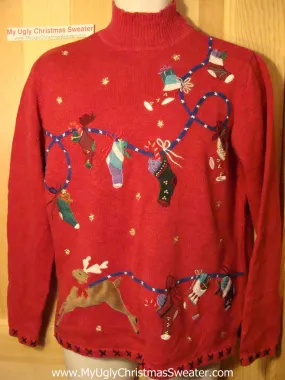 Tacky Ugly Christmas Sweater with Festive Flying Reindeer Pulling a Line of Stockings  (f168)