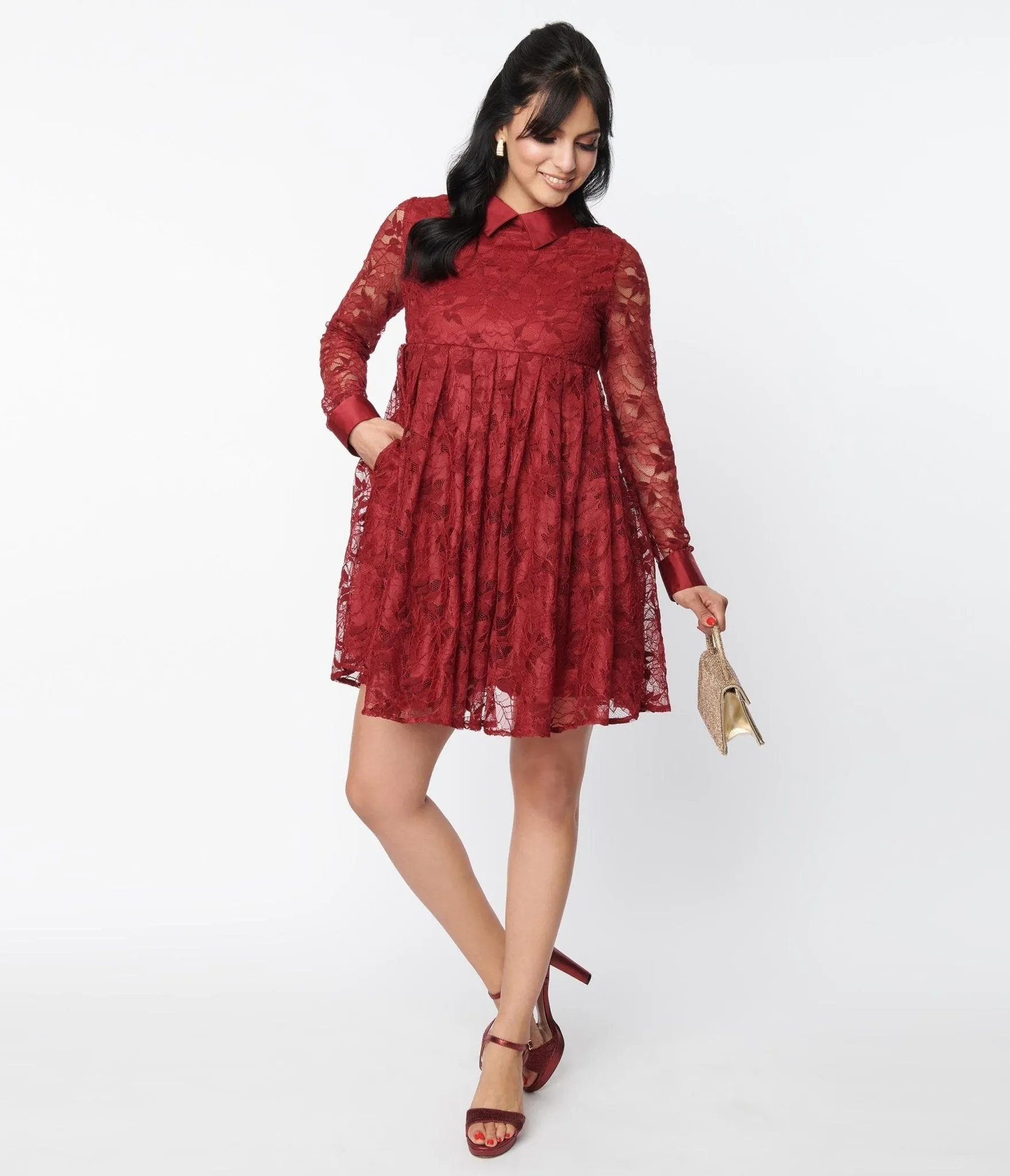 Unique Vintage Burgundy Lace Peggy Babydoll Dress