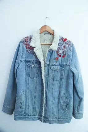 Vintage Faux fur denim floral print blue jacket