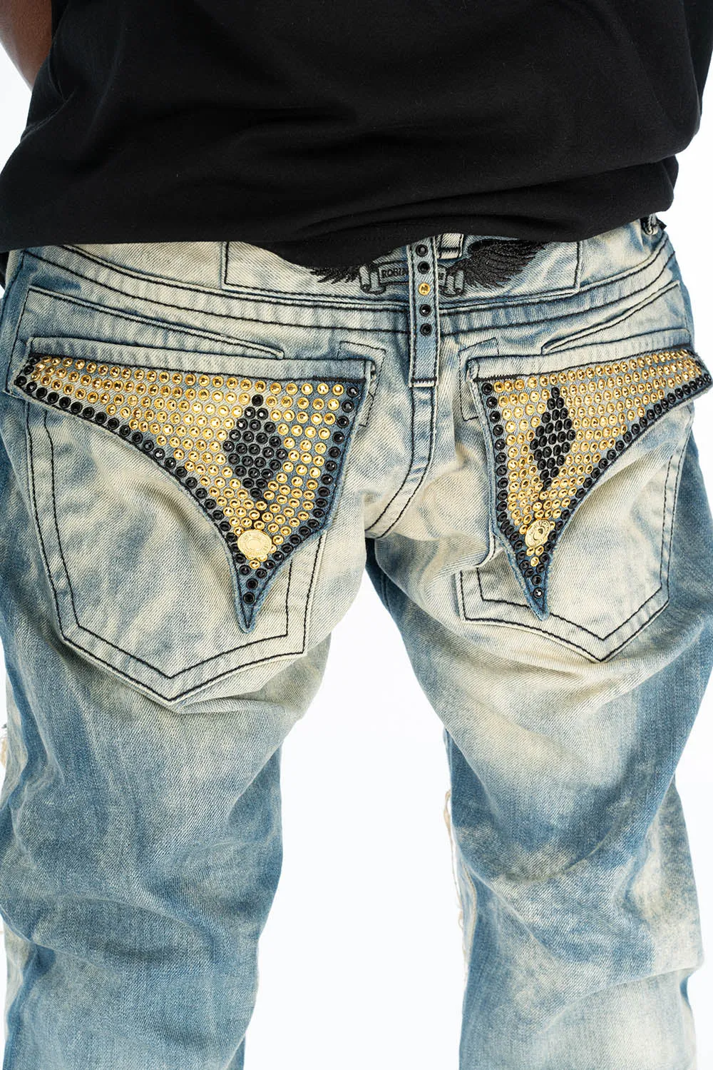 VINTAGE RIPPED,DISTRESSED & REPAIRED JEANS WITH BACK POCKET CRYSTALS IN OMAHA WASH