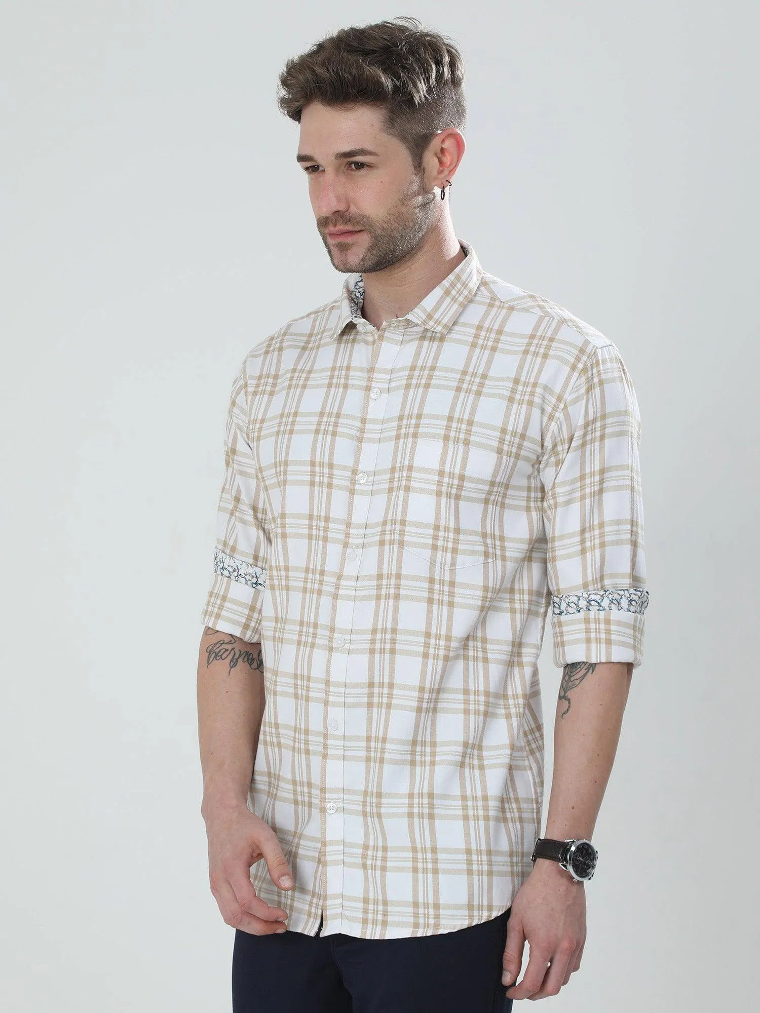 White and Cream Checkered Cotton Shirt