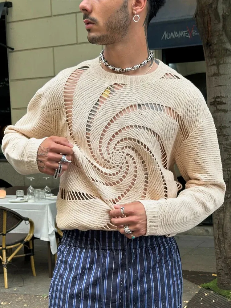 Wiaofellas  -   fall outfits Vortex Hollow Out Knitted Sweater Men's Spring Autumn Designer Knitwear Fashion High Street Solid Casual Loose Male Pullover