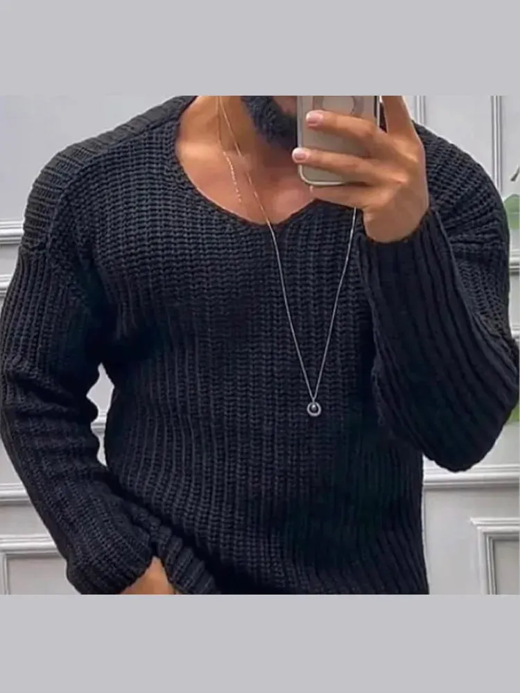 Wiaofellas  -  Solid Casual Knitted Men's Sweater Shirt Autumn O Neck Long Sleeve Knit Pullover Blouse Male Slim Bottom Knitwear