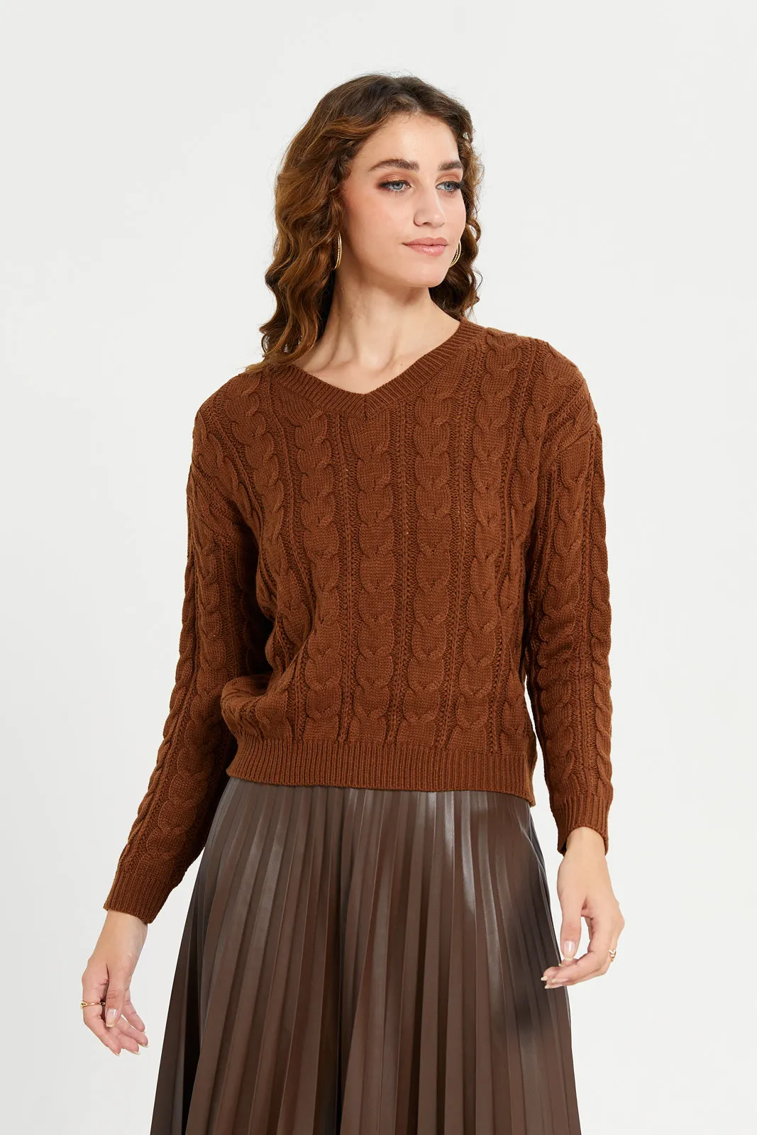 Women Brown Cable Knitted Crop Pullover