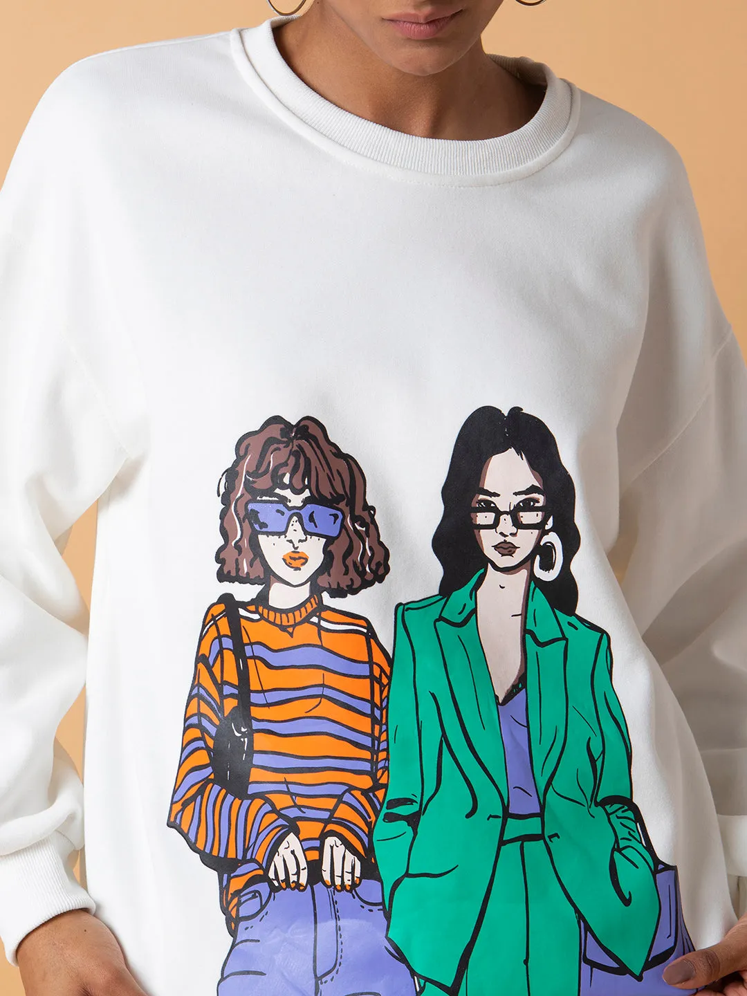 Women Graphic White Oversized Pullover