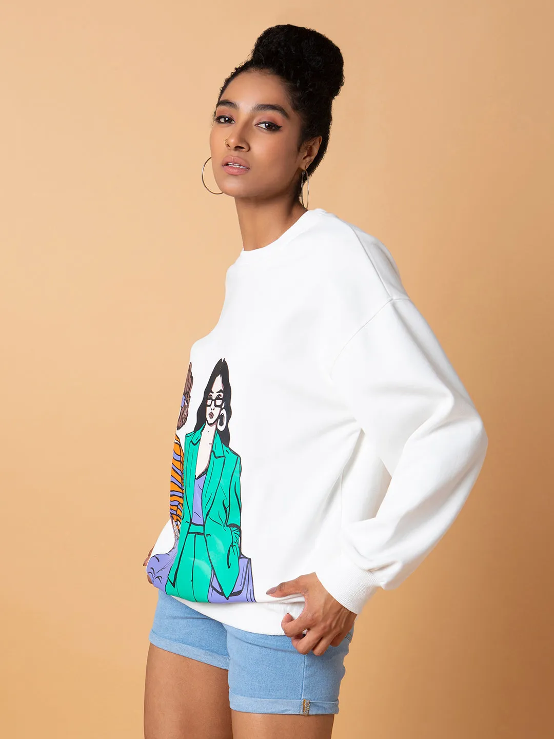 Women Graphic White Oversized Pullover