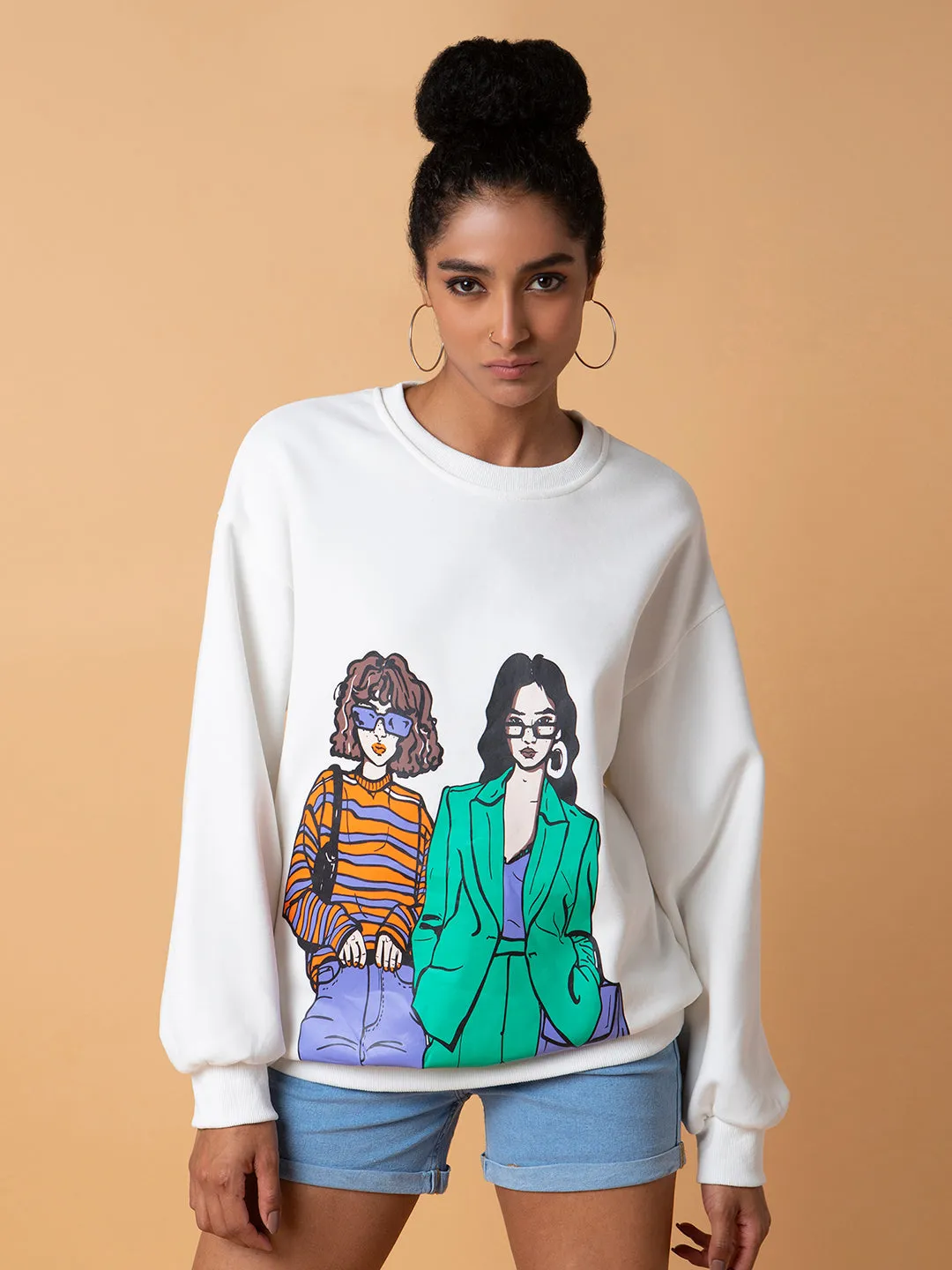 Women Graphic White Oversized Pullover