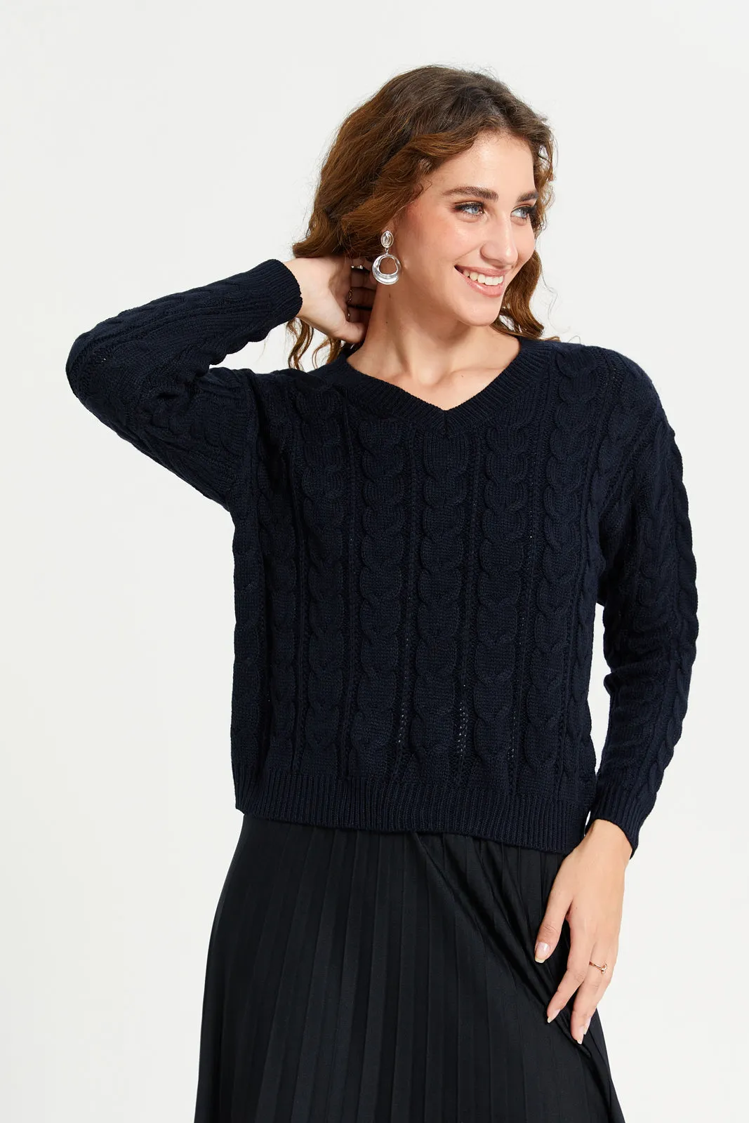 Women Navy Cable Knitted Crop Pullover