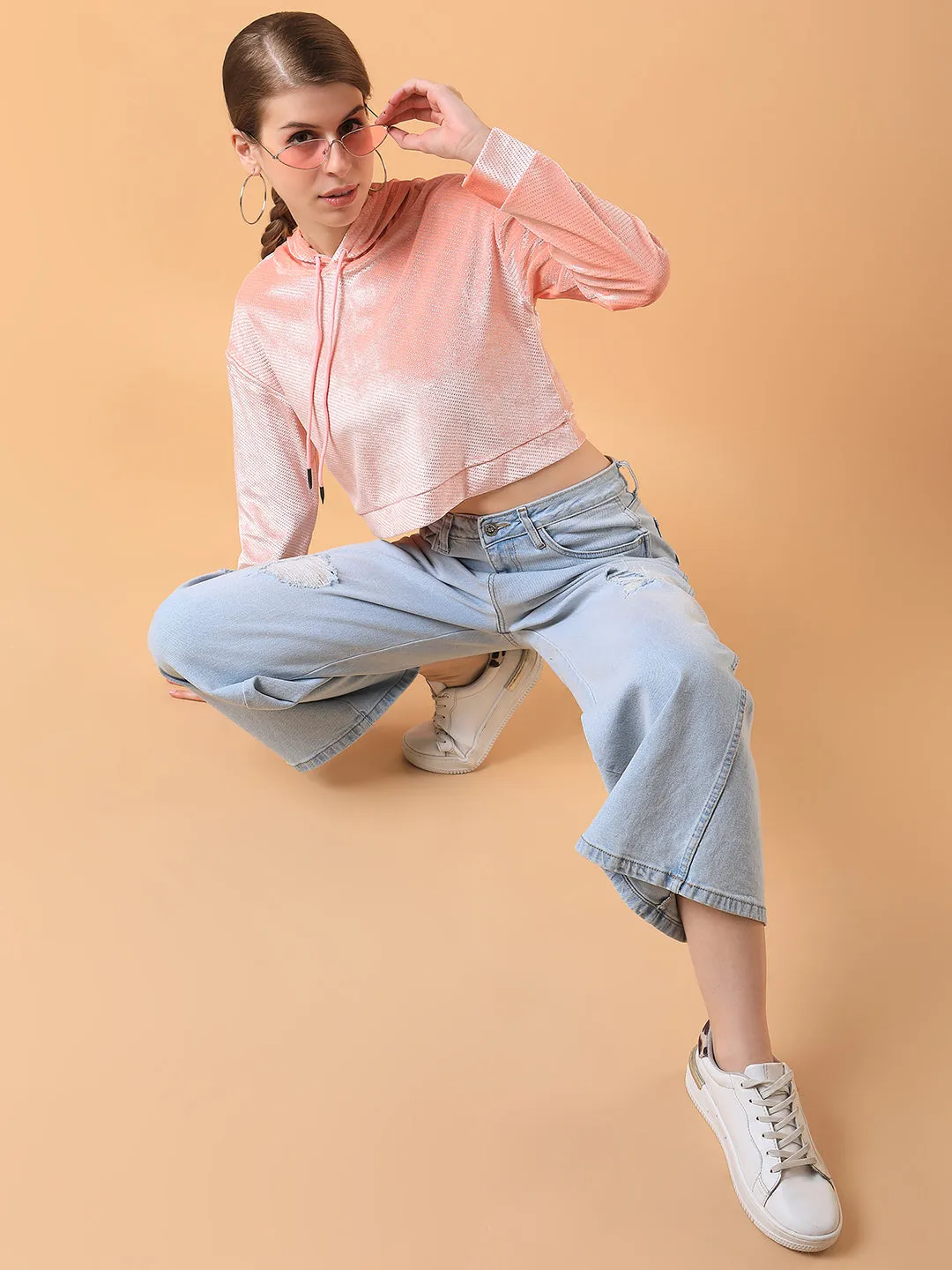 Women Solid Peach Drop Shoulder Crop Pullover