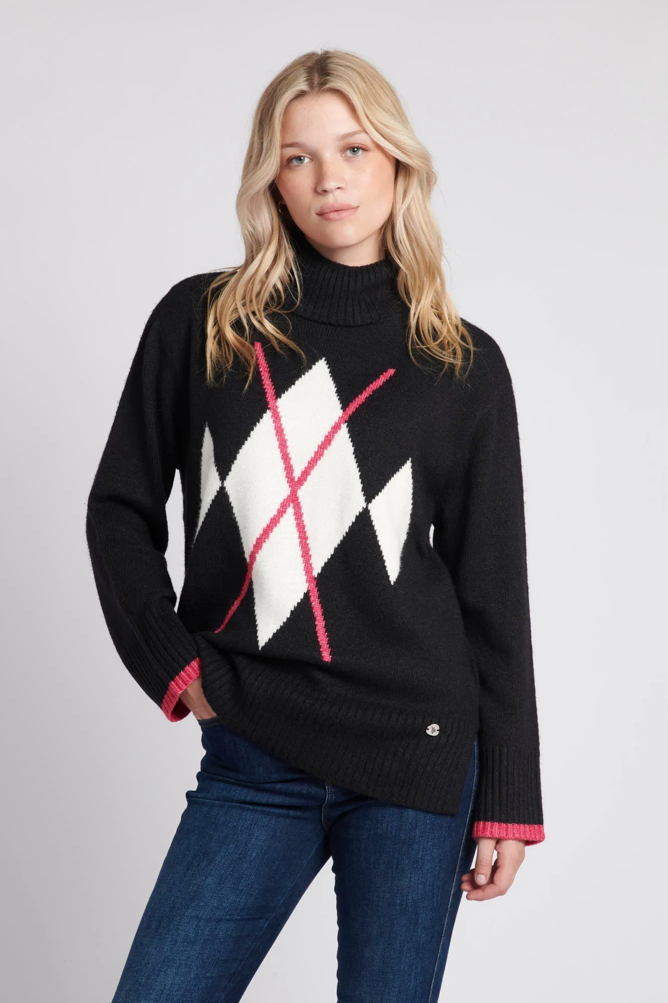 Womens Argyle Roll Neck Knitted Jumper in Black